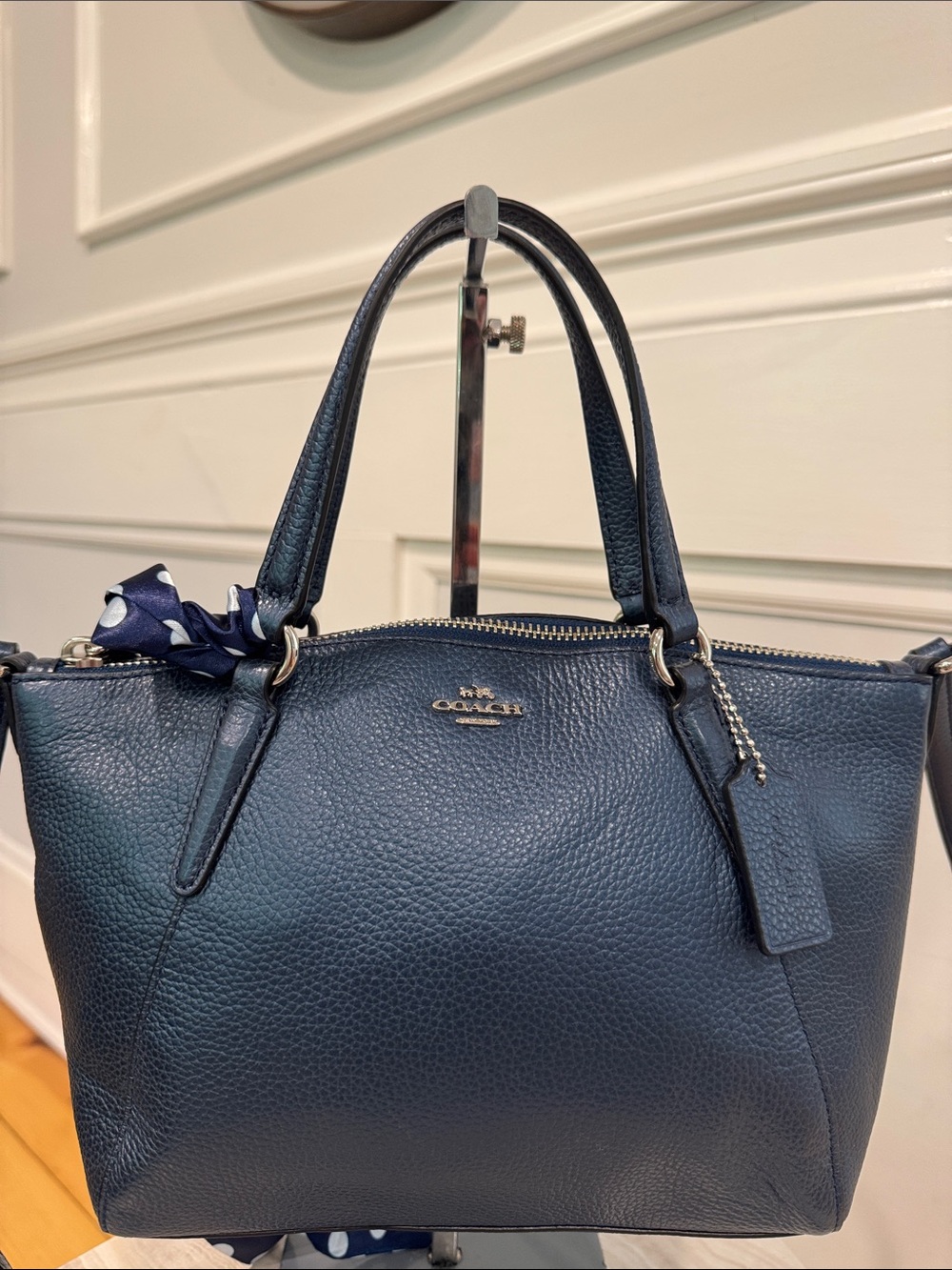 COACH Bag Mini Kelsey Pebbled Leather Metallic Navy Tote Crossbody - Picture 5 of 17